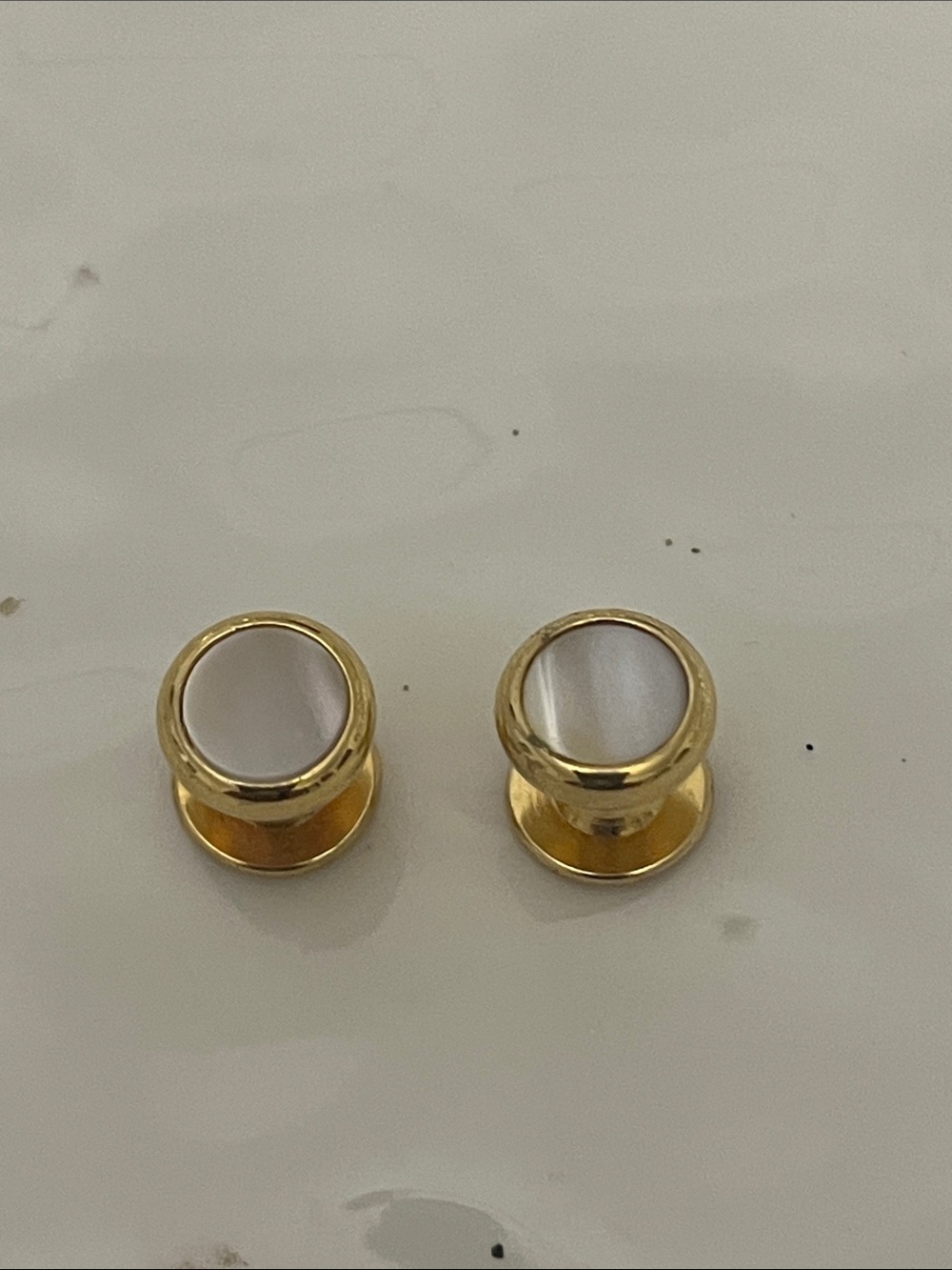 Gold Tone Shirt Studs with White Mother-of-Pearl Inset